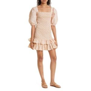 byTiMo Smocked Floral Print Minidress Sundress Puff Sleeve Poplin Cotton Size L